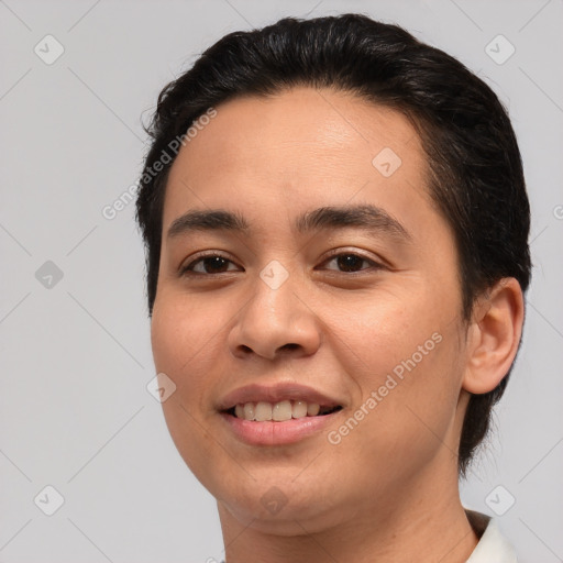 Joyful white young-adult female with short  brown hair and brown eyes