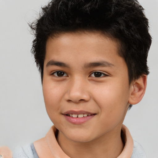 Joyful asian child male with short  brown hair and brown eyes
