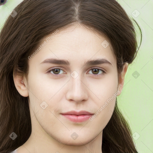 Neutral white young-adult female with long  brown hair and brown eyes