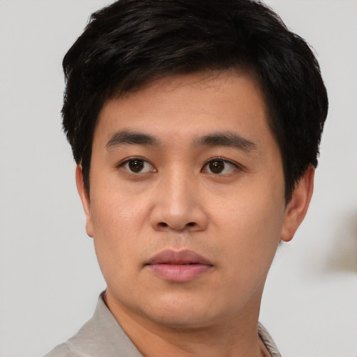Neutral asian young-adult male with short  black hair and brown eyes