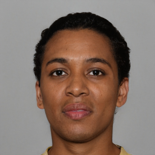 Neutral black young-adult female with short  black hair and brown eyes
