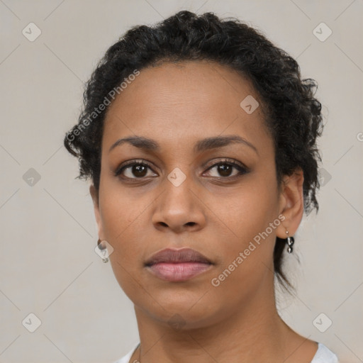 Neutral latino young-adult female with short  black hair and brown eyes