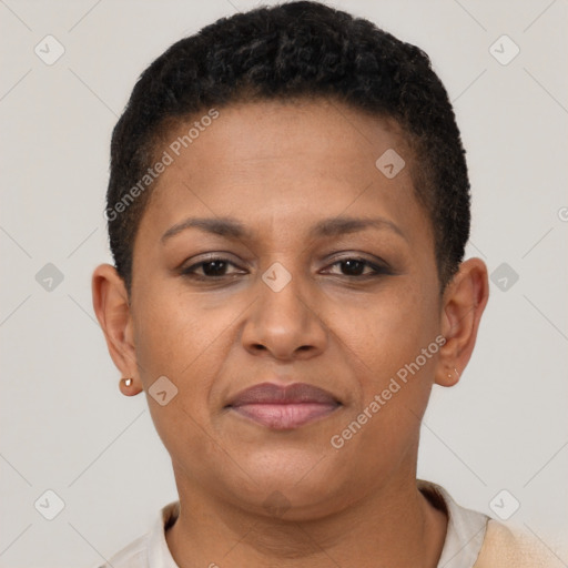 Neutral latino young-adult female with short  brown hair and brown eyes
