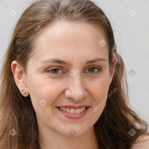 Joyful white young-adult female with long  brown hair and grey eyes