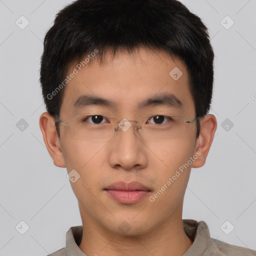 Neutral asian young-adult male with short  brown hair and brown eyes