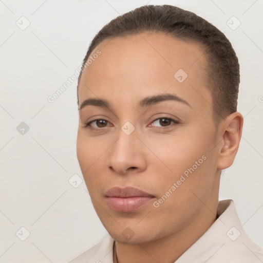 Neutral white young-adult female with short  brown hair and brown eyes