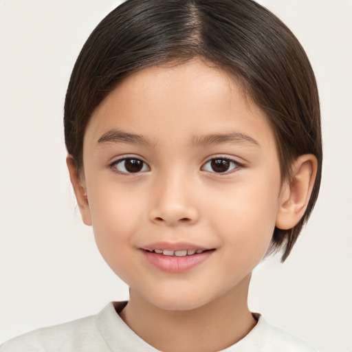 Joyful white child female with medium  brown hair and brown eyes