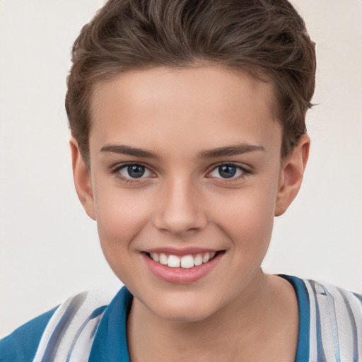 Joyful white child female with short  brown hair and brown eyes