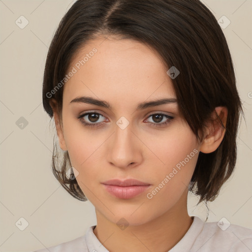 Neutral white young-adult female with medium  brown hair and brown eyes