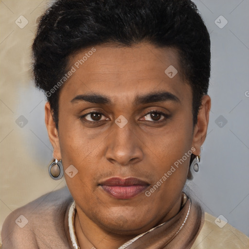 Joyful latino young-adult male with short  brown hair and brown eyes