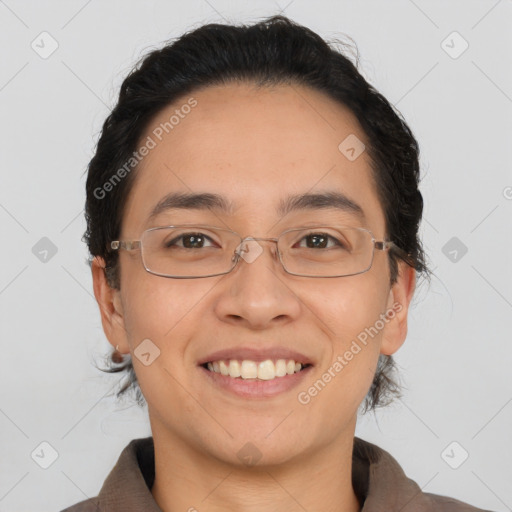 Joyful white adult female with short  brown hair and brown eyes