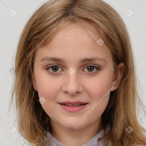 Joyful white child female with medium  brown hair and brown eyes