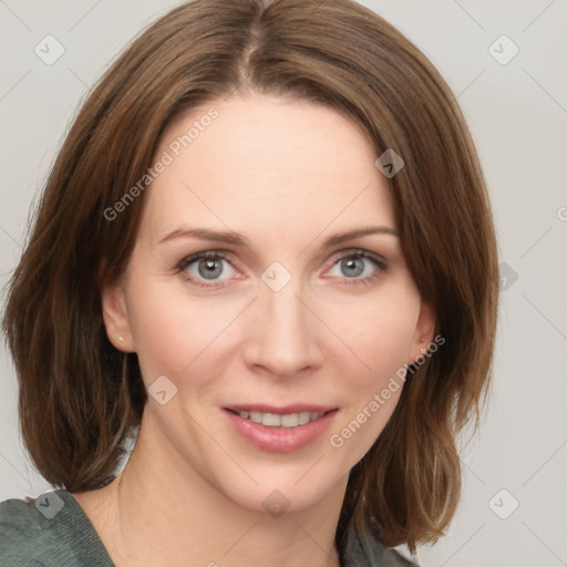 Joyful white young-adult female with medium  brown hair and green eyes