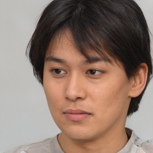 Neutral asian young-adult female with short  brown hair and brown eyes