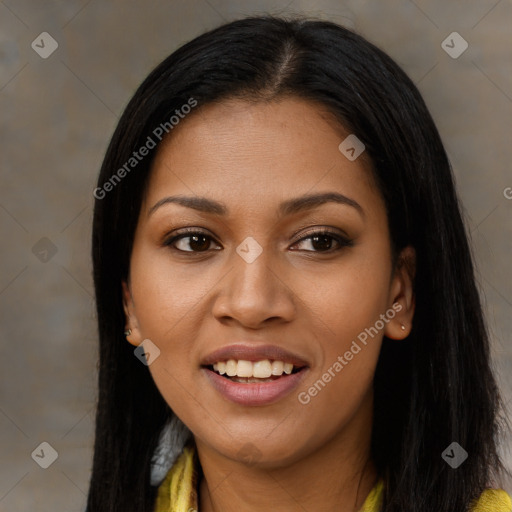 Joyful black young-adult female with long  brown hair and brown eyes