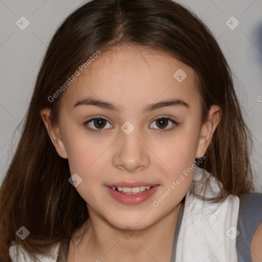 Joyful white child female with medium  brown hair and brown eyes