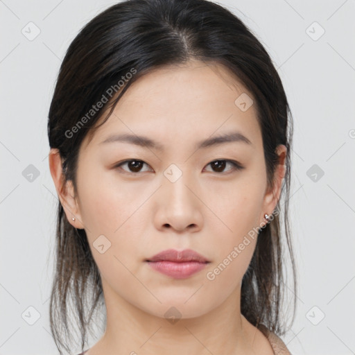 Neutral asian young-adult female with medium  brown hair and brown eyes