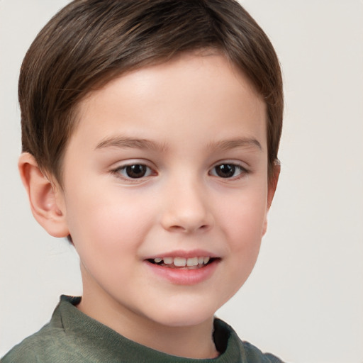 Joyful white child female with short  brown hair and brown eyes