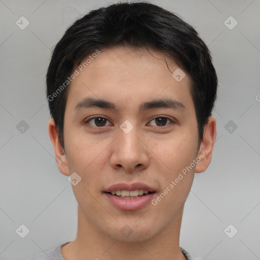 Joyful asian young-adult male with short  brown hair and brown eyes