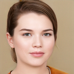 Neutral white young-adult female with short  brown hair and brown eyes