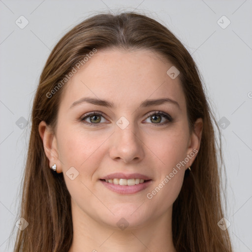 Joyful white young-adult female with long  brown hair and grey eyes