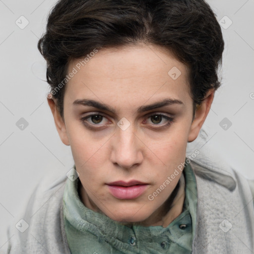 Neutral white young-adult female with medium  brown hair and brown eyes