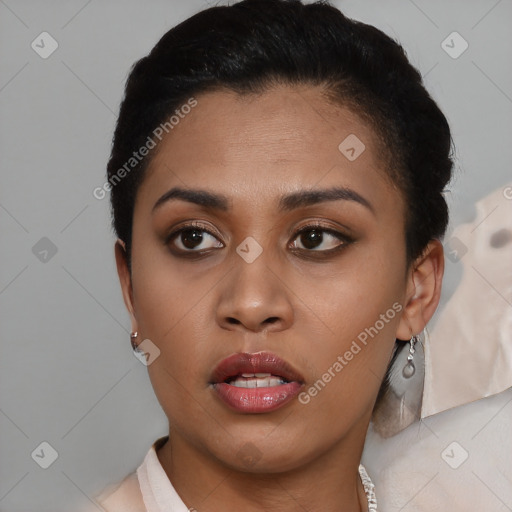 Joyful latino young-adult female with short  black hair and brown eyes