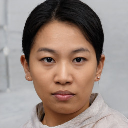 Neutral asian young-adult female with short  black hair and brown eyes