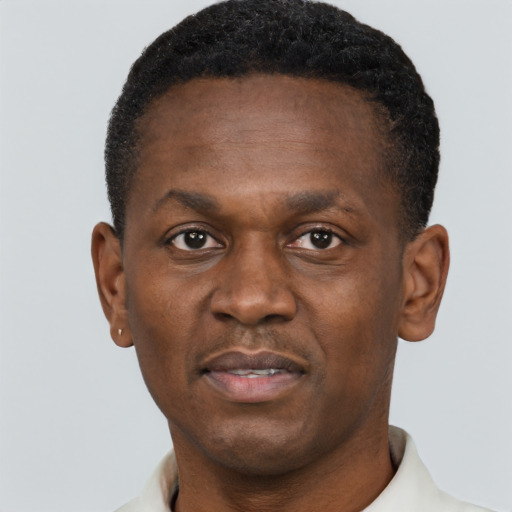 Joyful black adult male with short  black hair and brown eyes