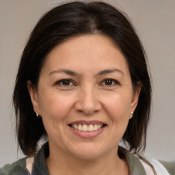 Joyful white adult female with medium  brown hair and brown eyes