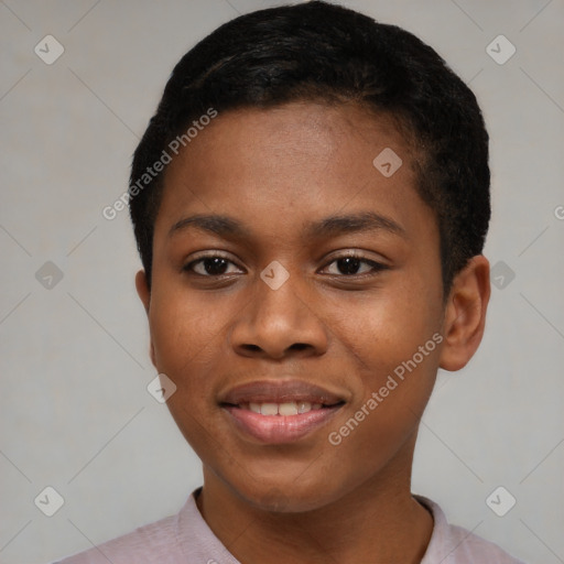 Joyful black young-adult female with short  black hair and brown eyes