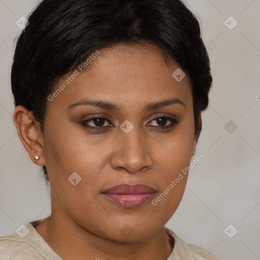 Joyful latino young-adult female with short  brown hair and brown eyes