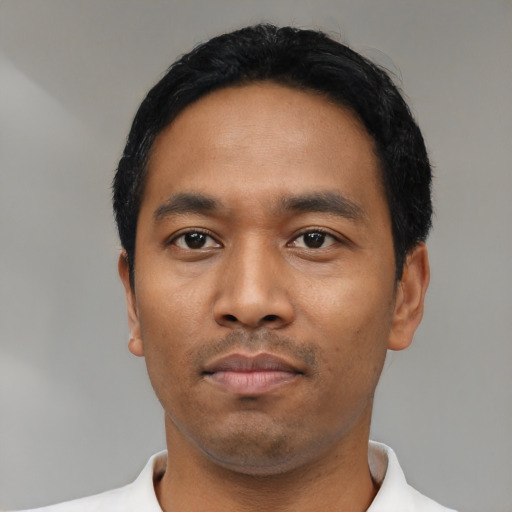 Neutral asian young-adult male with short  black hair and brown eyes