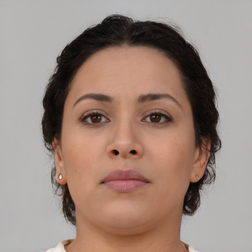 Neutral asian young-adult female with medium  brown hair and brown eyes