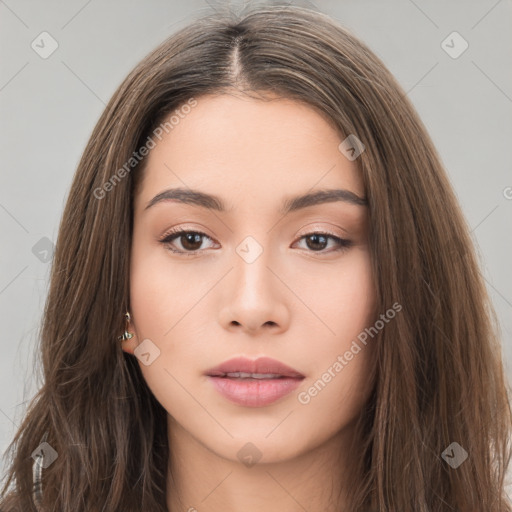 Neutral white young-adult female with long  brown hair and brown eyes