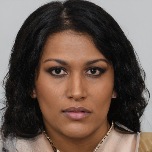 Neutral white young-adult female with long  black hair and brown eyes