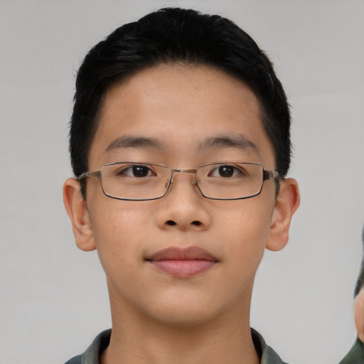 Neutral asian young-adult male with short  brown hair and brown eyes
