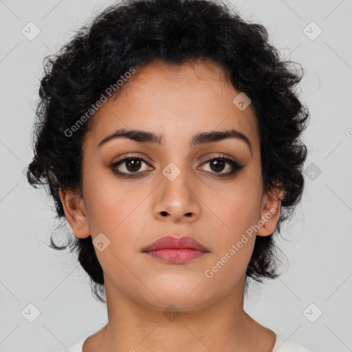 Neutral latino young-adult female with medium  brown hair and brown eyes