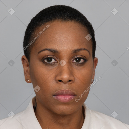 Neutral black young-adult female with short  brown hair and brown eyes