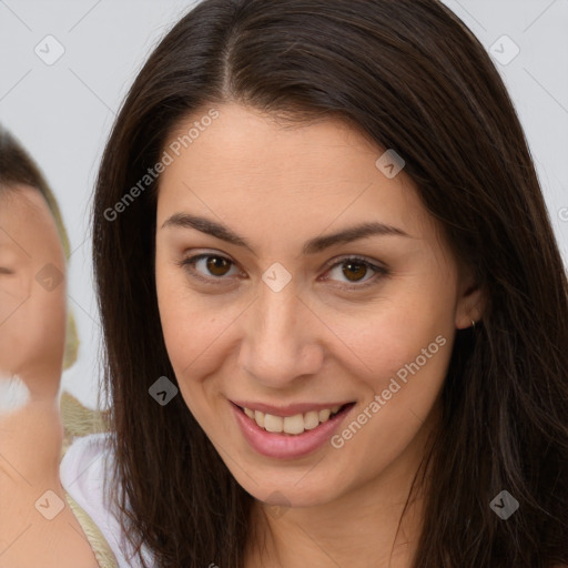 Joyful white young-adult female with long  brown hair and brown eyes