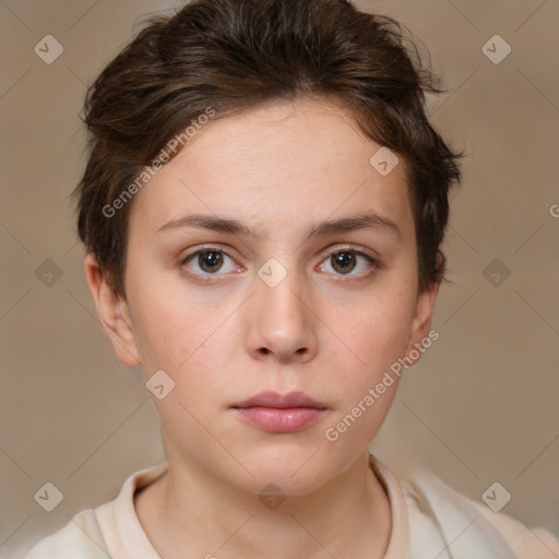 Neutral white young-adult female with short  brown hair and brown eyes