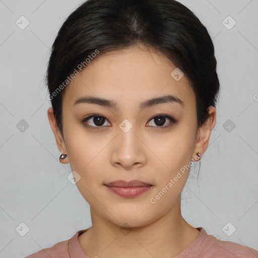 Neutral asian young-adult female with medium  black hair and brown eyes