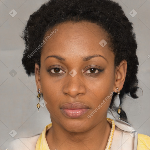 Neutral black young-adult female with short  black hair and brown eyes