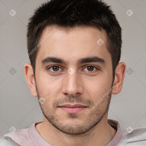 Neutral white young-adult male with short  brown hair and brown eyes