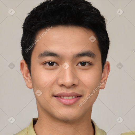 Joyful latino young-adult male with short  black hair and brown eyes