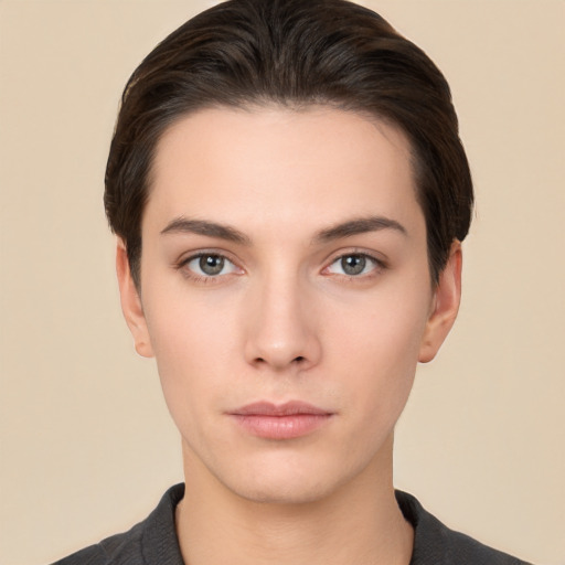 Neutral white young-adult female with short  brown hair and brown eyes