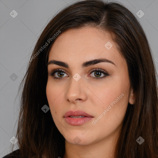 Neutral white young-adult female with long  brown hair and brown eyes