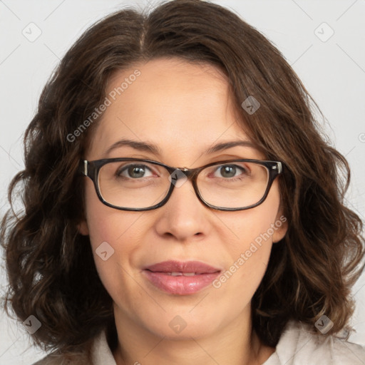 Joyful white adult female with medium  brown hair and green eyes