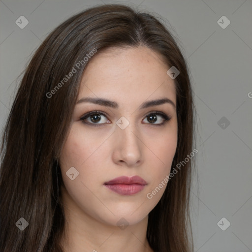 Neutral white young-adult female with long  brown hair and brown eyes