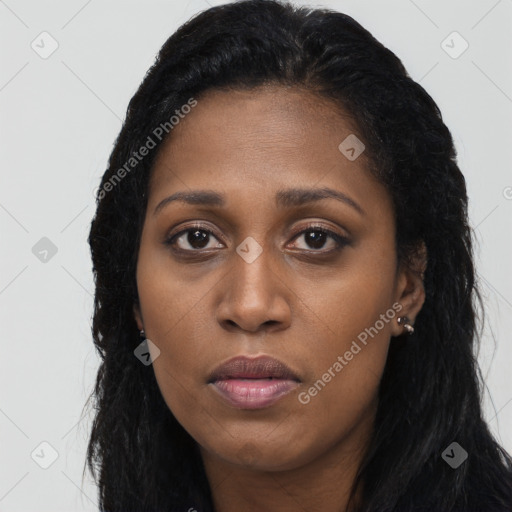 Joyful black young-adult female with long  black hair and brown eyes